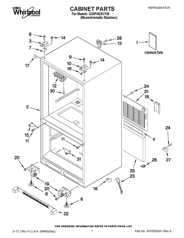 CABINET PARTS Diagram and Parts List for GX5FHDXVY09  Whirlpool Refrigerator