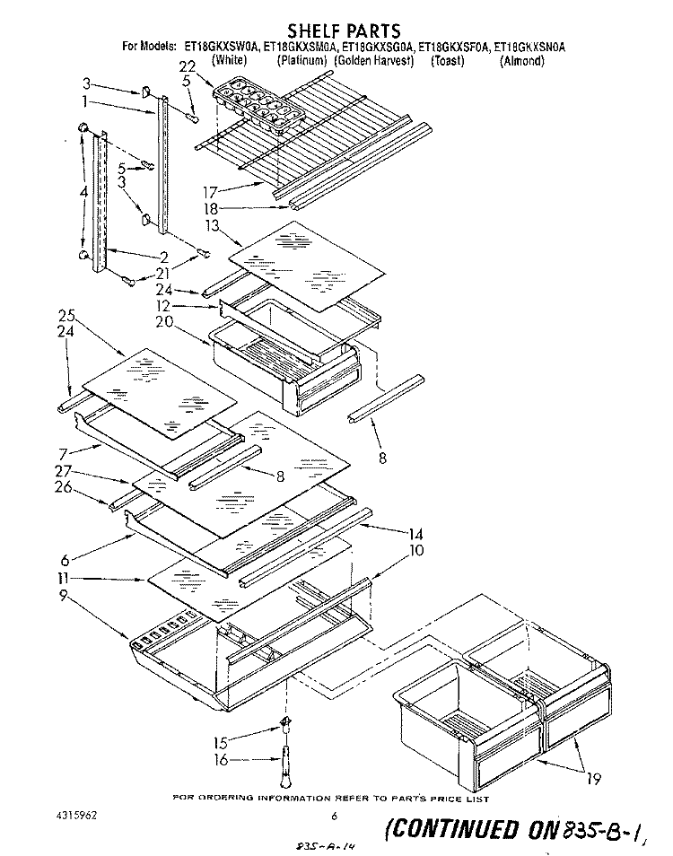 SHELF Diagram and Parts List for ET18GKXSW0A  Whirlpool Refrigerator