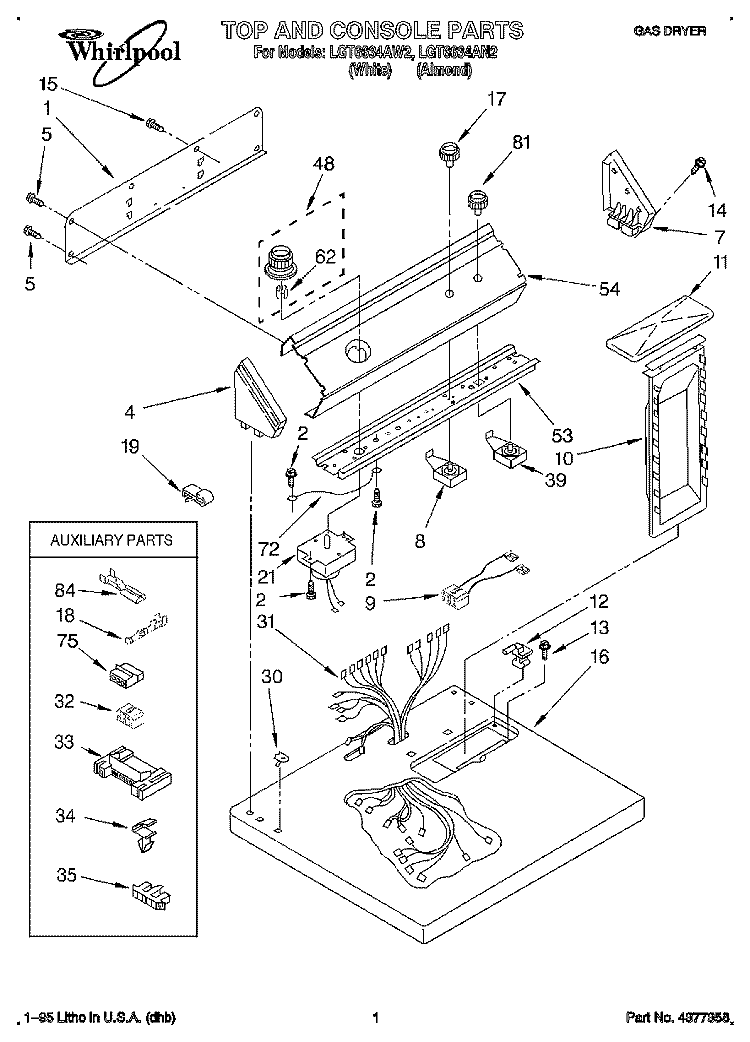 TOP AND CONSOLE, LIT/OPTIONAL Diagram and Parts List for LGT6634AW2  Whirlpool Dryer