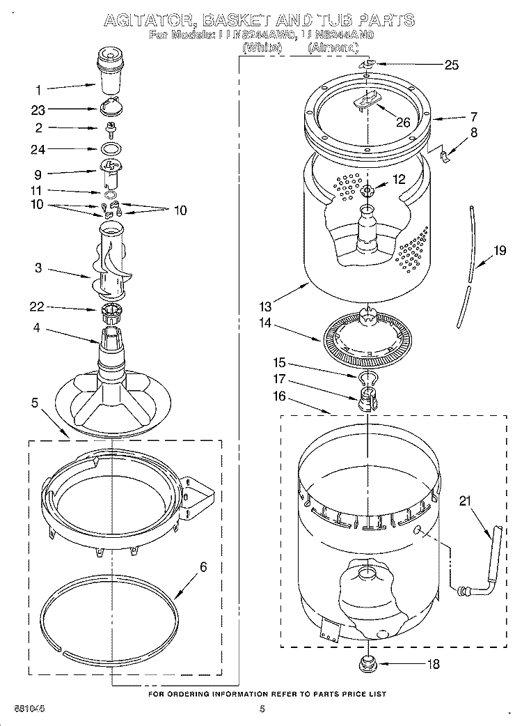 AGITATOR, BASKET AND TUB Diagram and Parts List for LLN8244AW0  Whirlpool Washer
