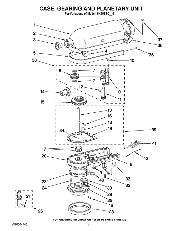 CASE, GEARING AND PLANETARY UNIT Diagram and Parts List for 5K45SSCWH0  KitchenAid Mixer