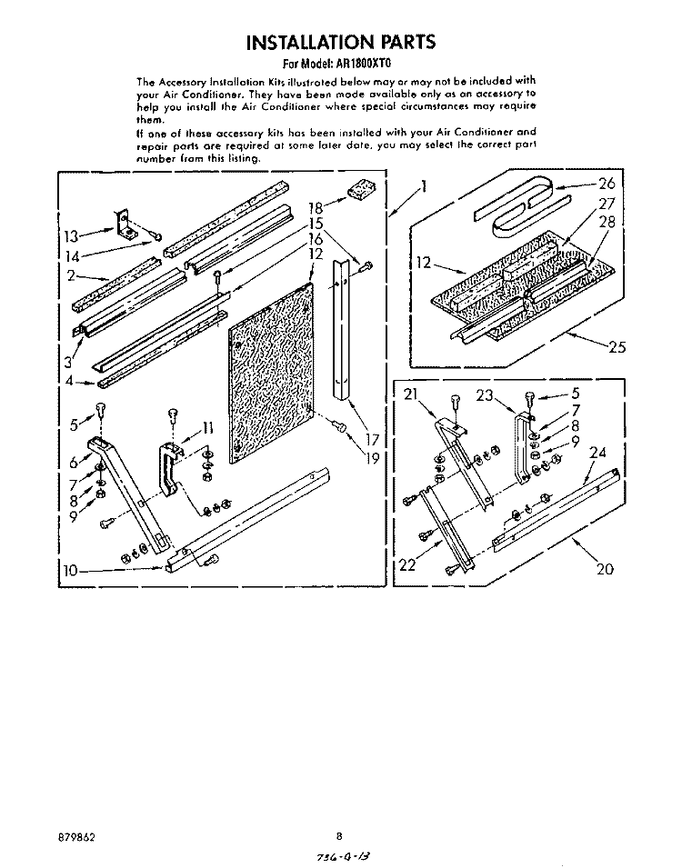 INSTALLATION Diagram and Parts List for AR1800XT0  Whirlpool Air Conditioner