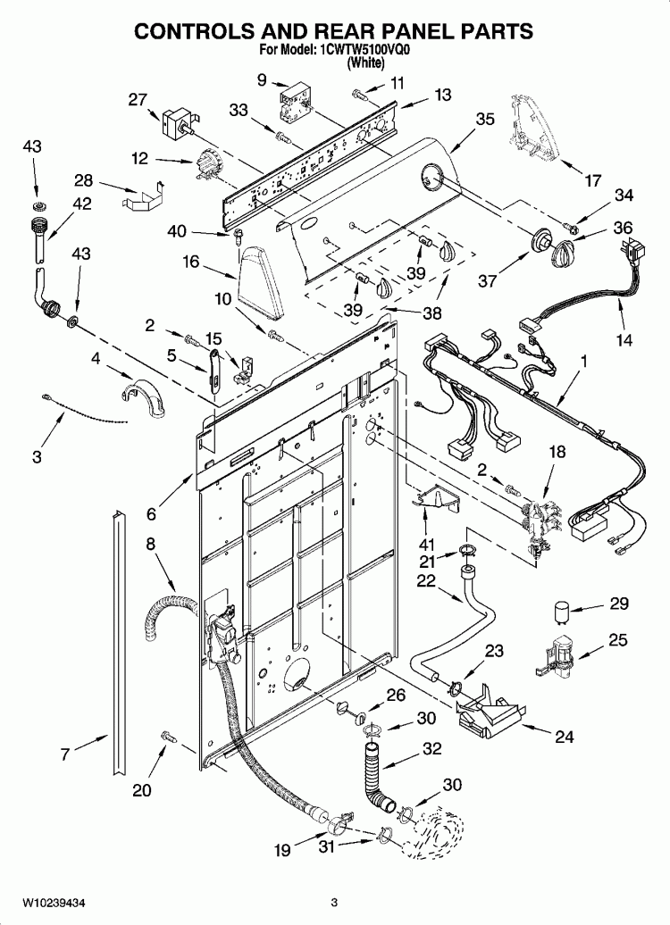 CONTROLS AND REAR PANEL PARTS Diagram and Parts List for 1CWTW5100VQ0  Whirlpool Washer