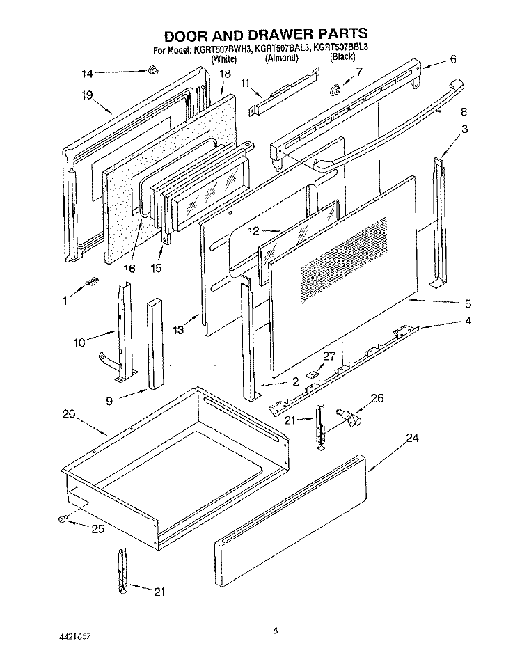 DOOR AND DRAWER Diagram and Parts List for KGRT507BWH3  KitchenAid Range