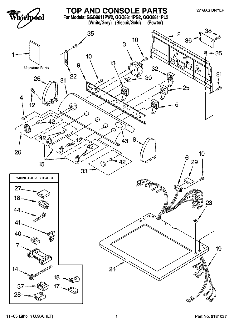 TOP AND CONSOLE PARTS Diagram and Parts List for GGQ8811PG2  Whirlpool Dryer
