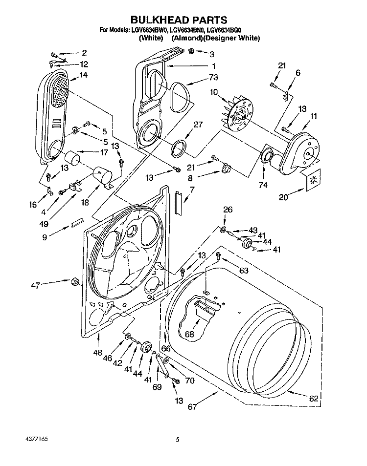 BULKHEAD Diagram and Parts List for LGV6634BW0  Whirlpool Dryer