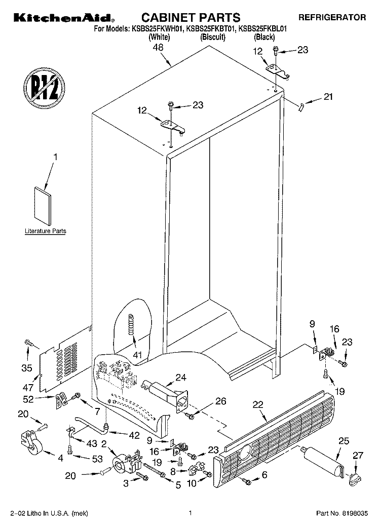 CABINET, LITERATURE Diagram and Parts List for KSBS25FKBL01  KitchenAid Refrigerator