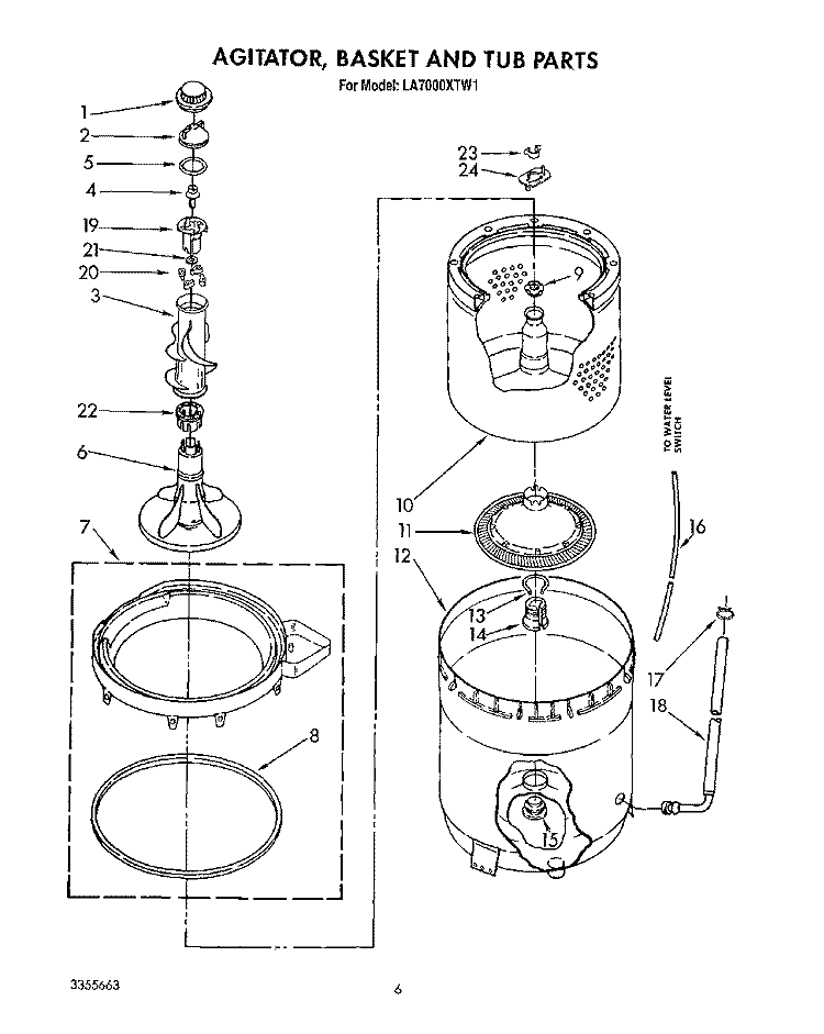 AGITATOR, BASKET AND TUB Diagram and Parts List for LA7000XTF1  Whirlpool Washer