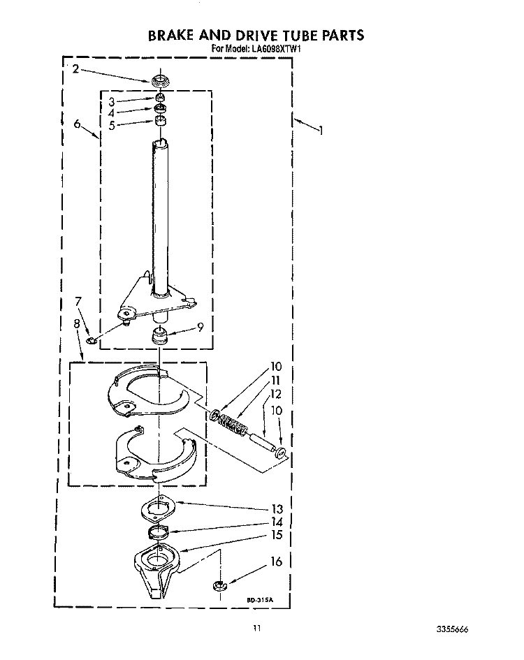 BRAKE AND DRIVE TUBE Diagram and Parts List for LA6098XTF1  Whirlpool Washer