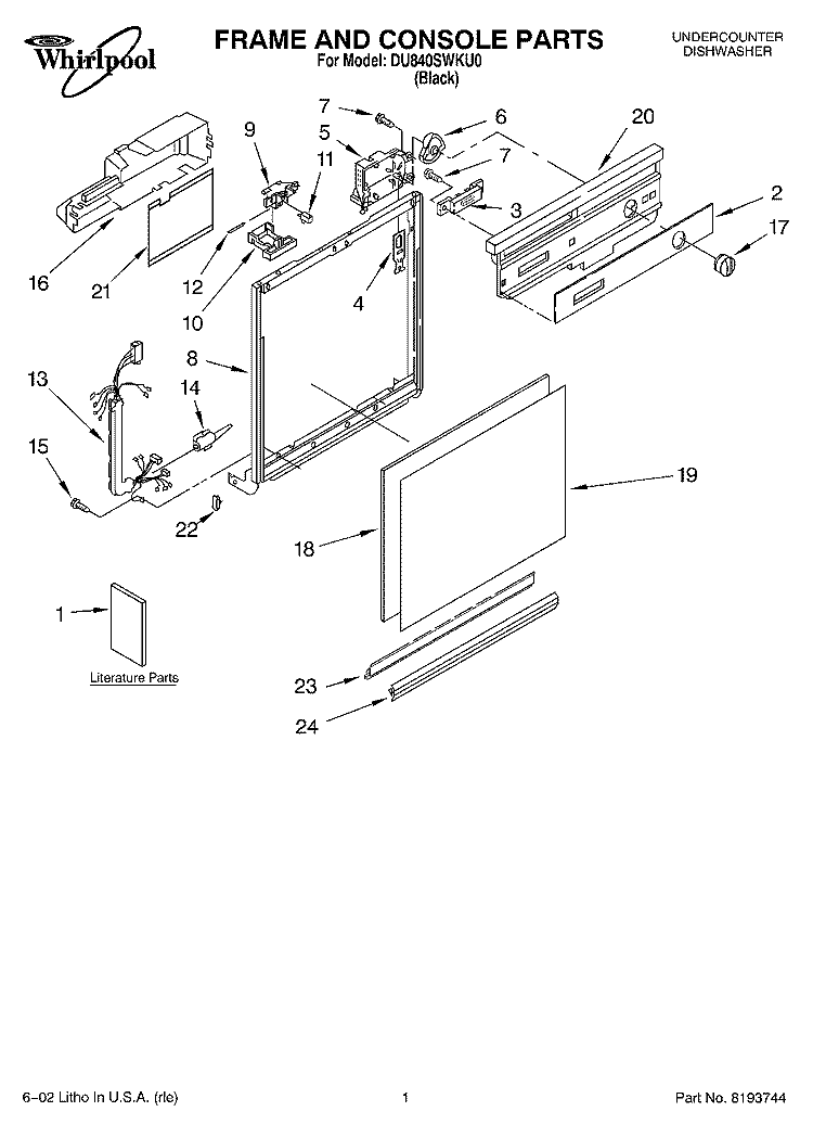 FRAME AND CONSOLE, LITERATURE Diagram and Parts List for DU840SWKU0  Whirlpool Dishwasher