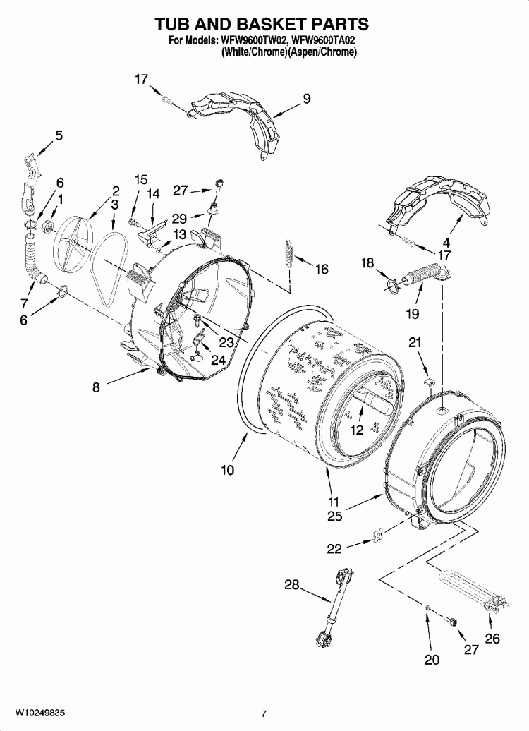 TUB AND BASKET PARTS Diagram and Parts List for WFW9600TW02  Whirlpool Washer
