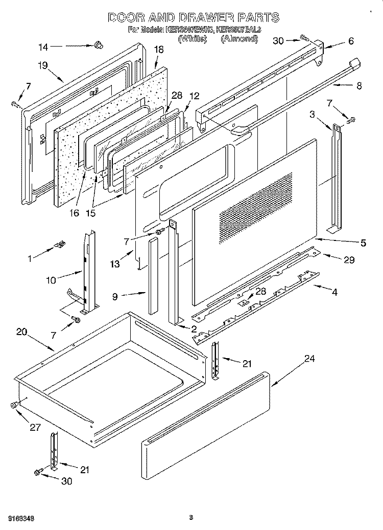 DOOR AND DRAWER Diagram and Parts List for KERS507EAL3  KitchenAid Range