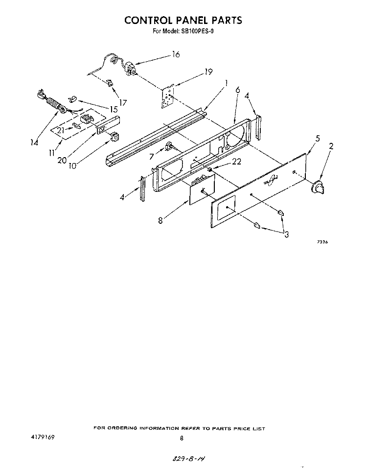 CONTROL PANEL Diagram and Parts List for SB100PES0  Whirlpool Range