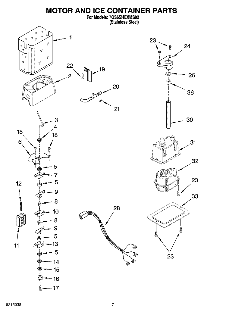 MOTOR AND ICE CONTAINER PARTS Diagram and Parts List for 7GS6SHEXMS02  Whirlpool Refrigerator