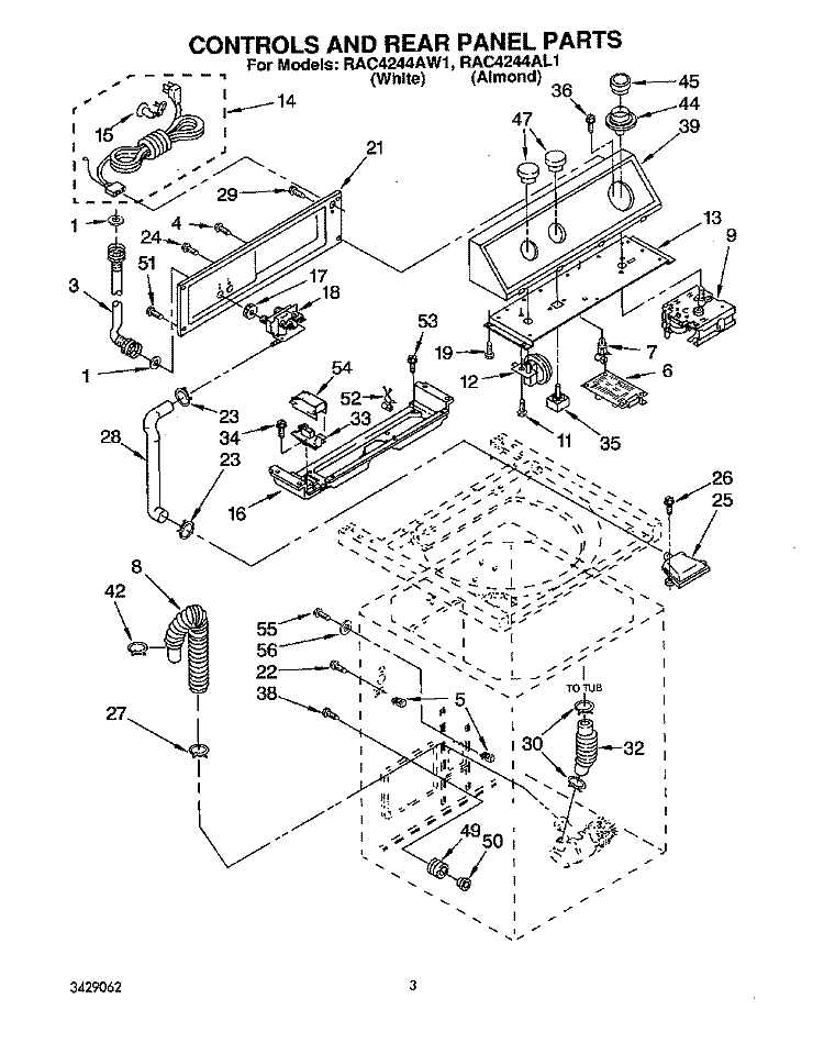 CONTROL AND REAR PANEL Diagram and Parts List for RAC4244AW1  Whirlpool Washer