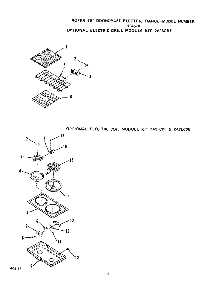 ELECTRIC GRILL , ELECTRIC COIL Diagram and Parts List for N9457X0  Roper Range