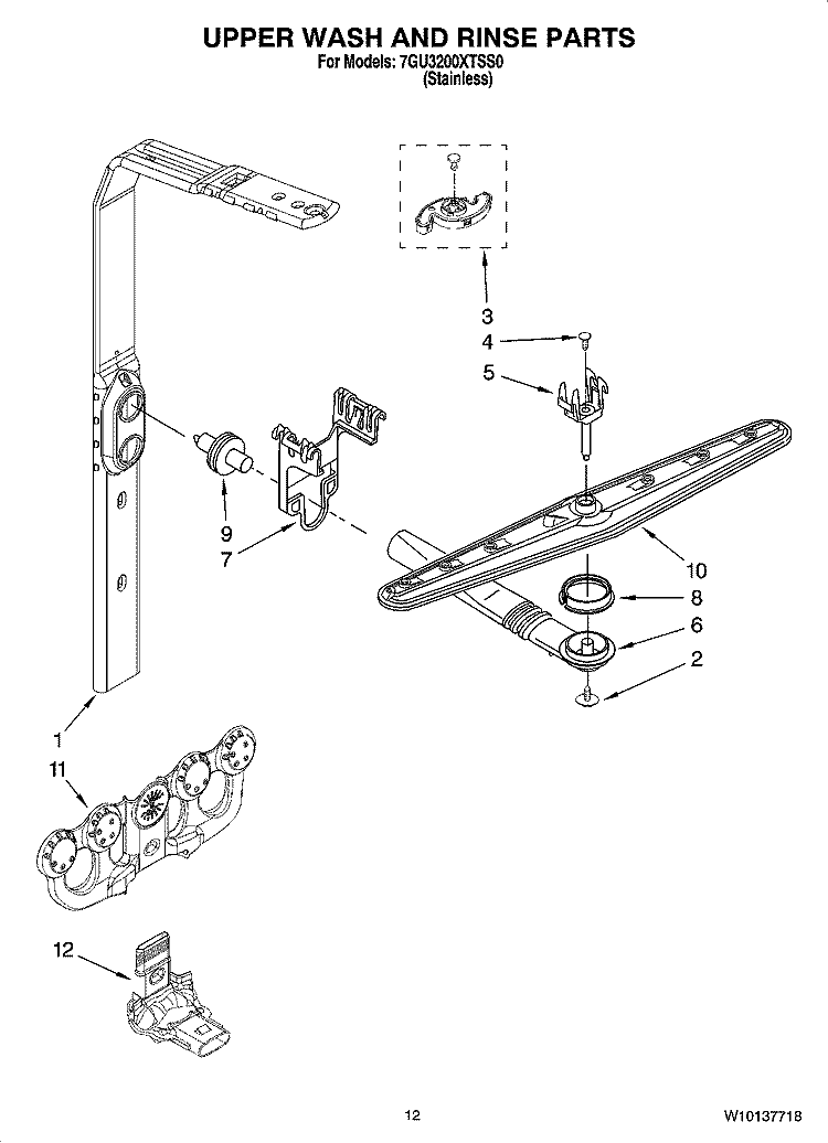UPPER WASH AND RINSE PARTS Diagram and Parts List for 7GU3200XTSS0  Whirlpool Dishwasher