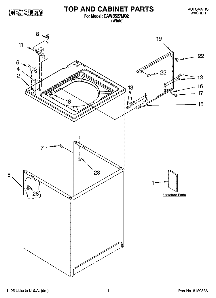 TOP AND CABINET PARTS Diagram and Parts List for CAWB527MQ2  Crosley Washer