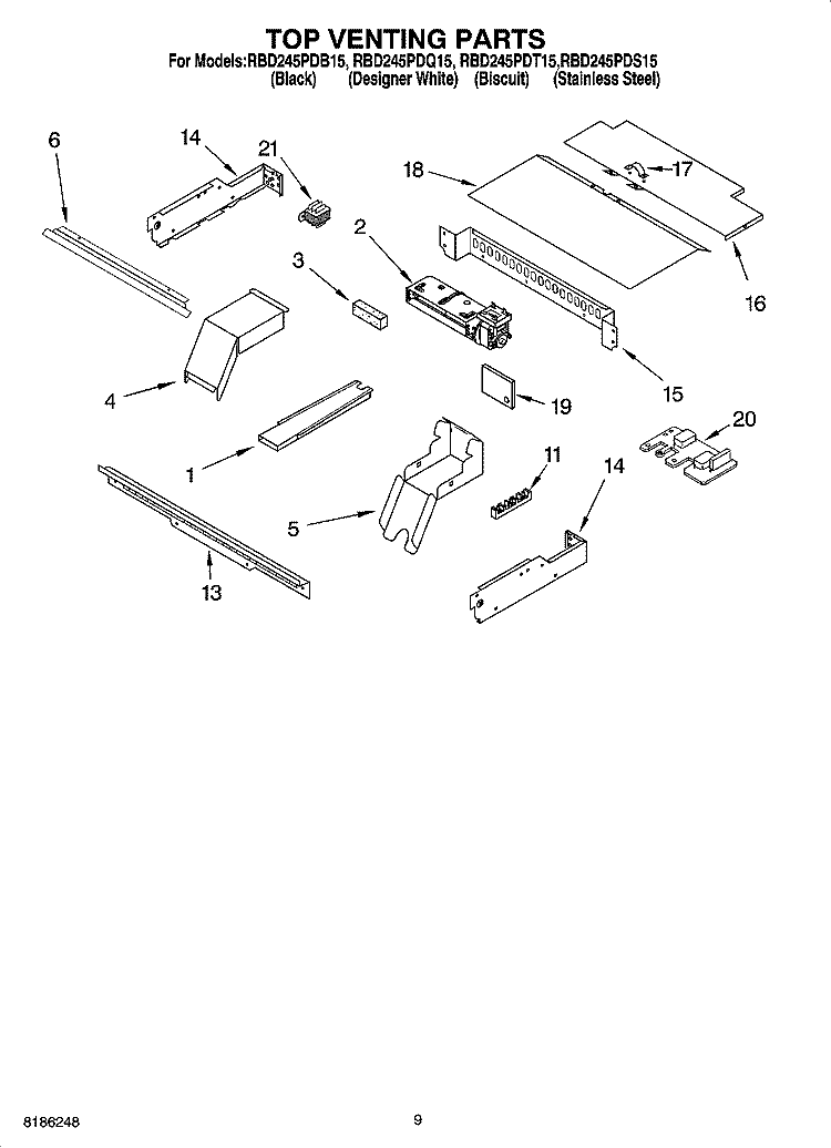 TOP VENTING PARTS, OPTIONAL PARTS Diagram and Parts List for RBD245PDB15  Whirlpool Wall Oven