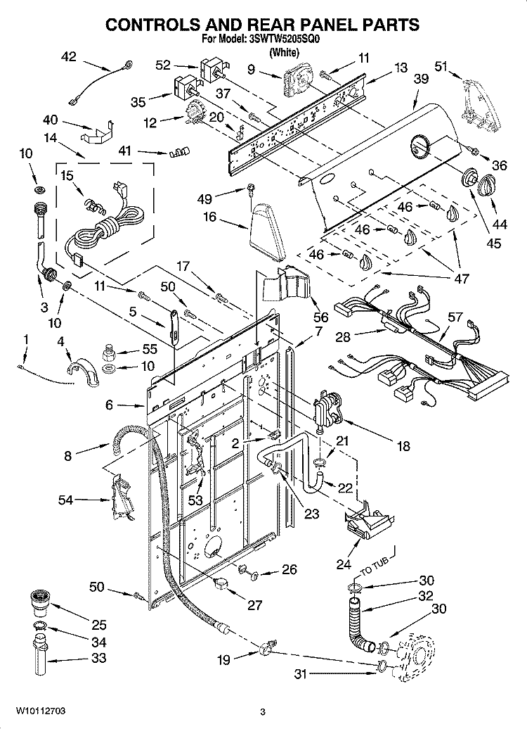 CONTROLS AND REAR PANEL PARTS Diagram and Parts List for 3SWTW5205SQ0  Whirlpool Washer