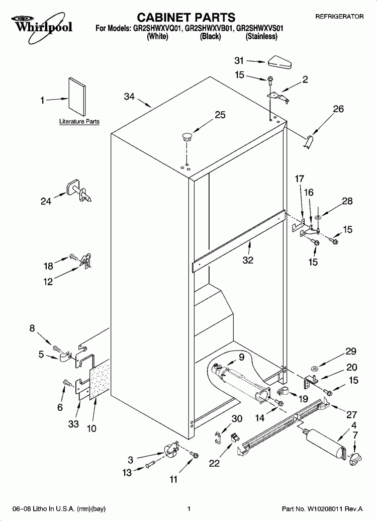 CABINET PARTS Diagram and Parts List for GR2SHWXVS01  Whirlpool Refrigerator