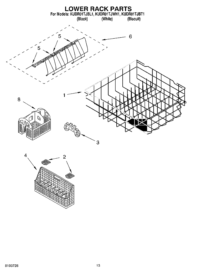 LOWER RACK PARTS Diagram and Parts List for KUDR01TJBT1  KitchenAid Dishwasher
