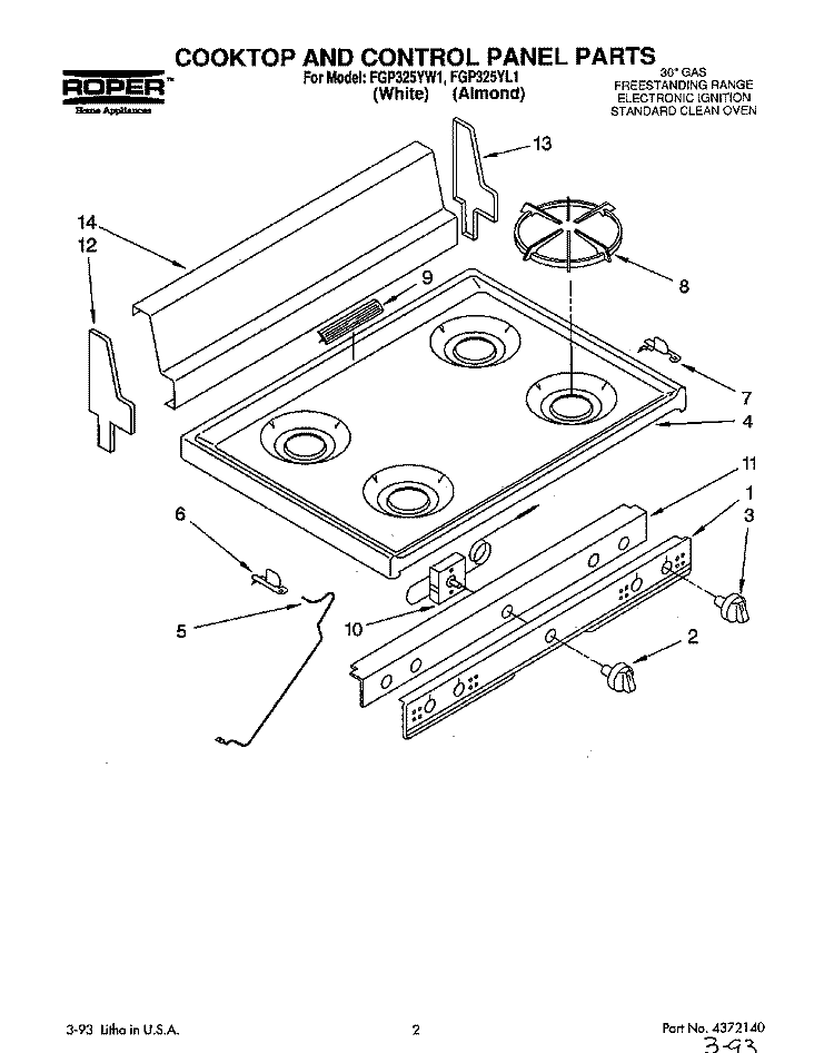 COOKTOP AND CONTROL PANEL, LIT/OPTIONAL Diagram and Parts List for FGP325YW1  Roper Range