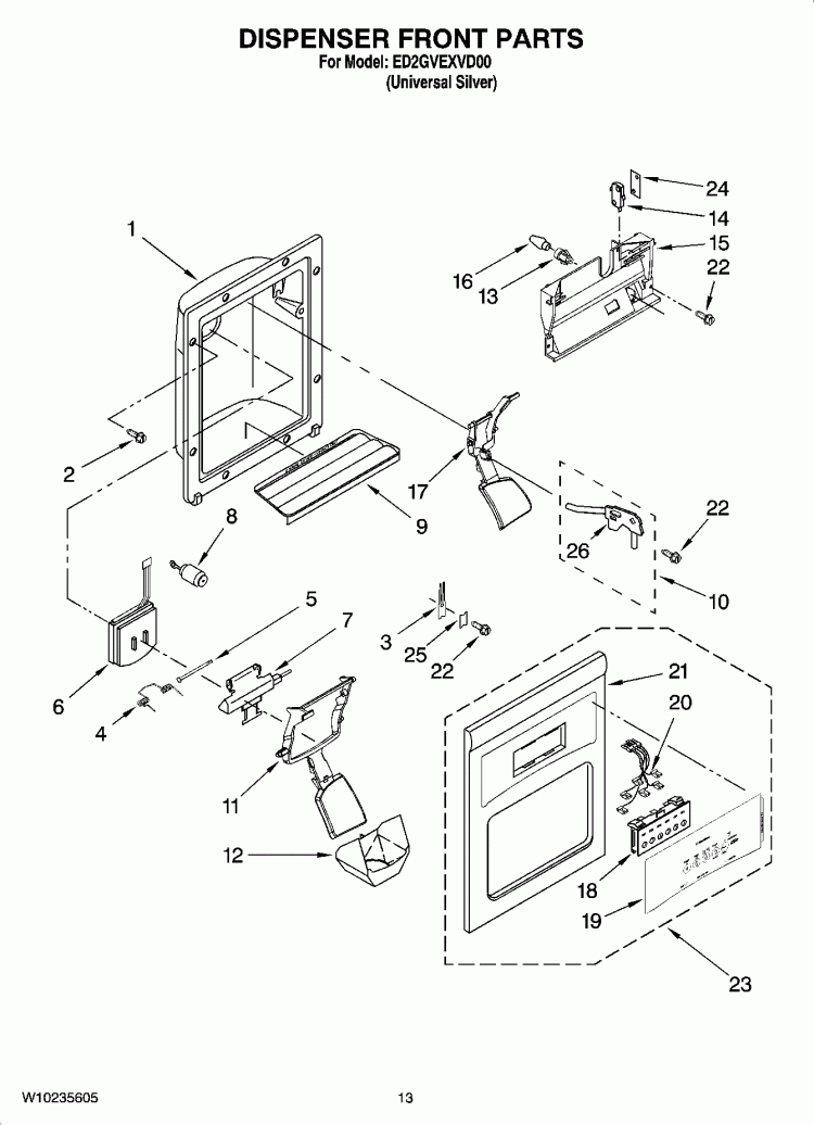 DISPENSER FRONT PARTS Diagram and Parts List for ED2GVEXVD00  Whirlpool Refrigerator