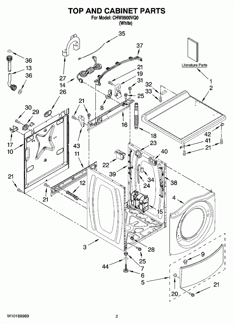 TOP AND CABINET PARTS Diagram and Parts List for CHW9900VQ0  Whirlpool Washer