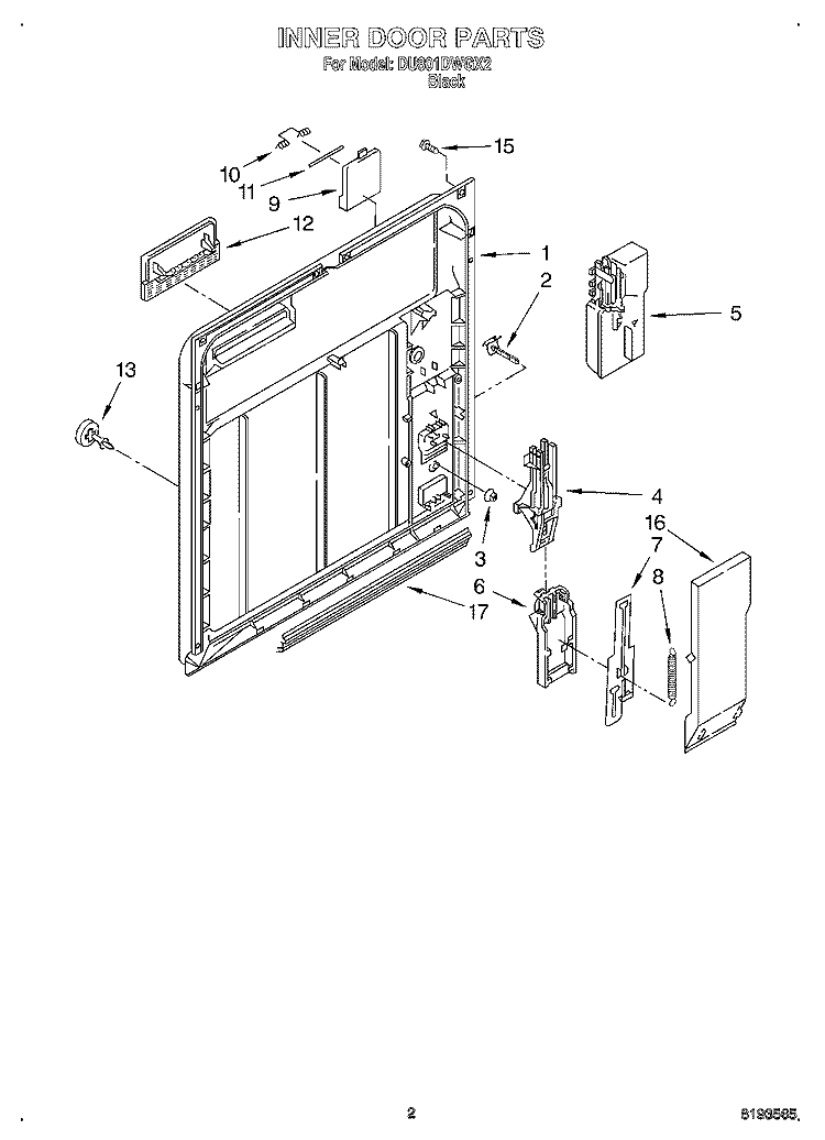 INNER DOOR Diagram and Parts List for DU801DWGX2  Whirlpool Dishwasher