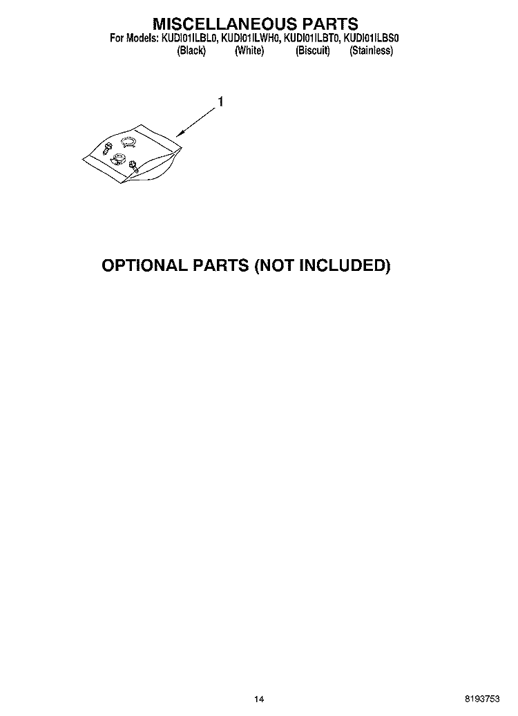 MISCELLANEOUS, OPTIONAL Diagram and Parts List for KUDI01ILSS0  Whirlpool Dishwasher