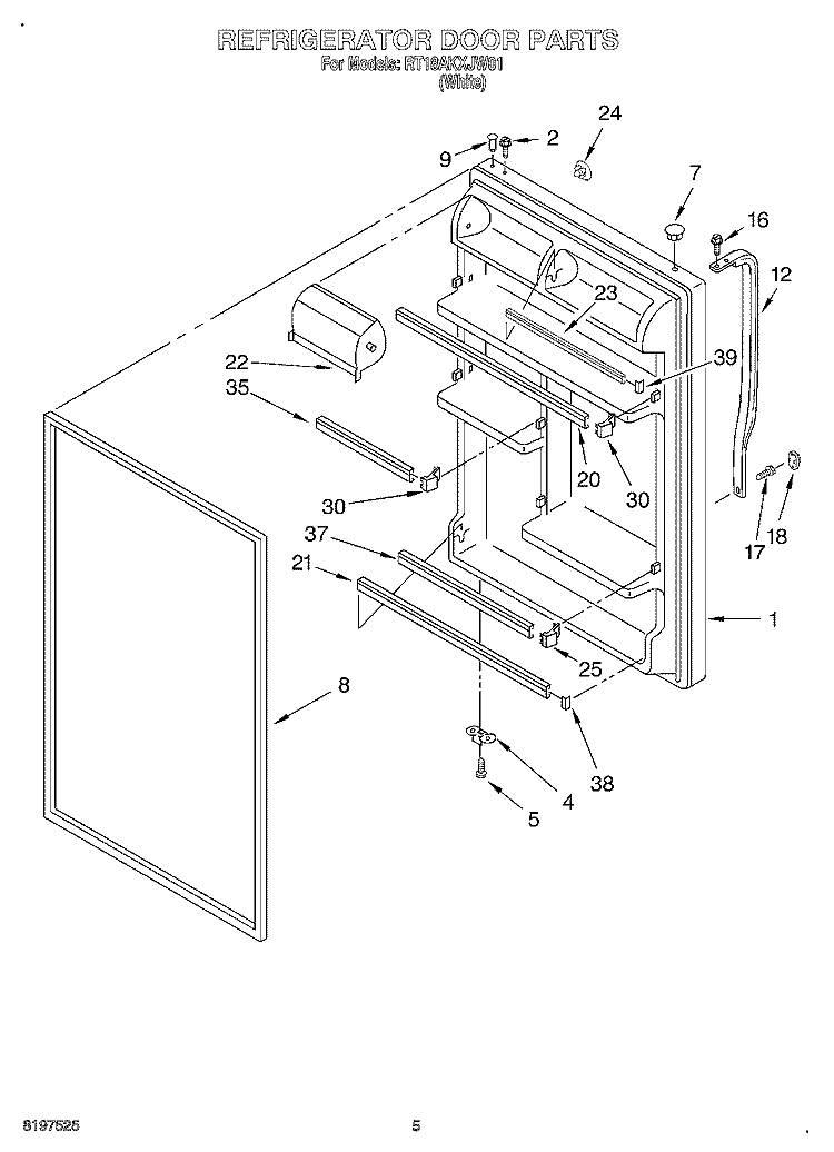 REFRIGERATOR DOOR Diagram and Parts List for RT18AKXJW01  Roper Refrigerator