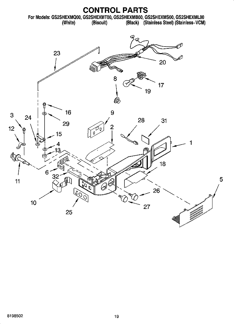 CONTROL PARTS Diagram and Parts List for GS2SHEXML00  Whirlpool Refrigerator