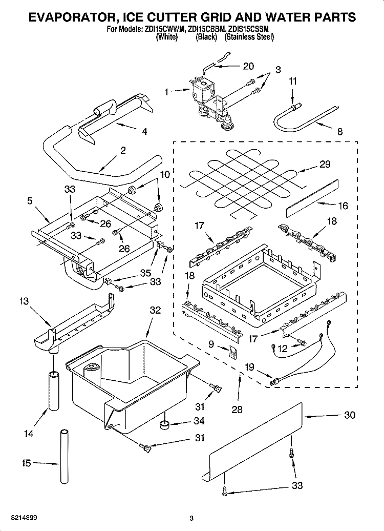 EVAPORATOR ICE CUTTER GRID AND WATER PARTS Diagram and Parts List for ZDIS15CSSM  Whirlpool Ice Maker