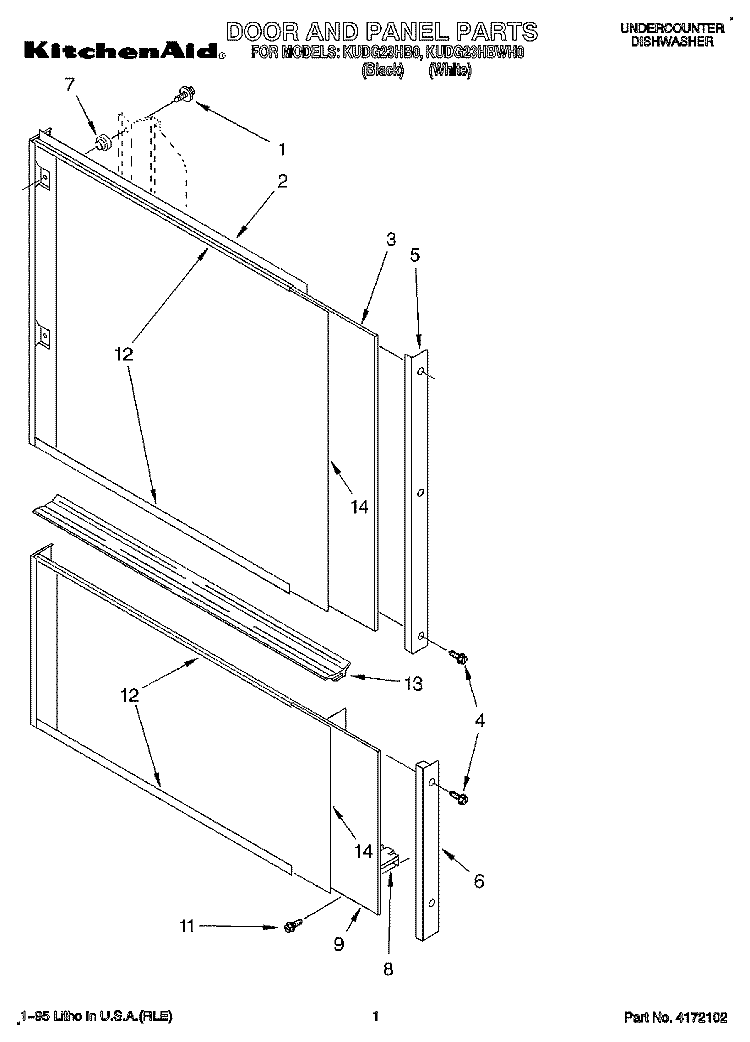 DOOR AND PANEL Diagram and Parts List for KUDG23HBWH0  KitchenAid Dishwasher