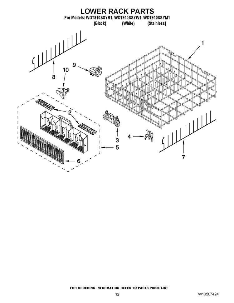 LOWER RACK PARTS Diagram and Parts List for WDT910SSYW1  Whirlpool Dishwasher