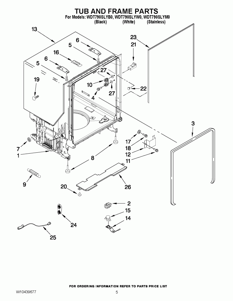 TUB AND FRAME PARTS Diagram and Parts List for WDT790SLYB0  Whirlpool Dishwasher