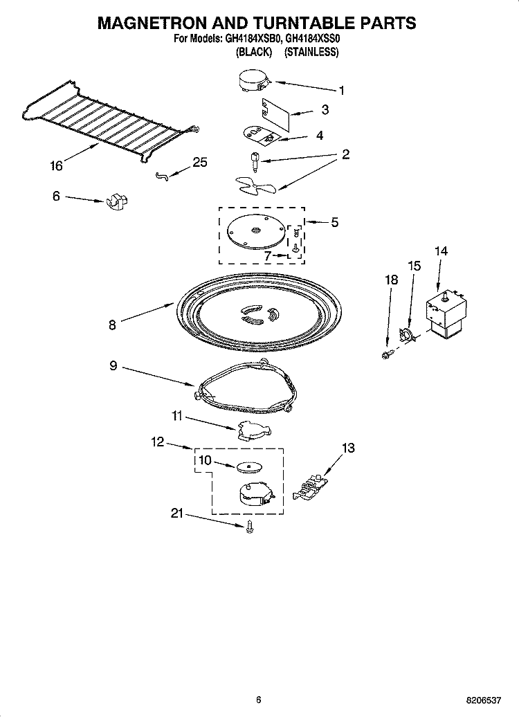 MAGNETRON AND TURNTABLE PARTS Diagram and Parts List for GH4184XSS0  Whirlpool Microwave
