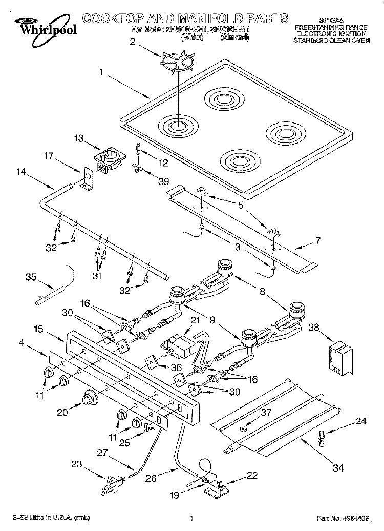 COOKTOP AND MANIFOLD Diagram and Parts List for SF3010EEW1  Whirlpool Range