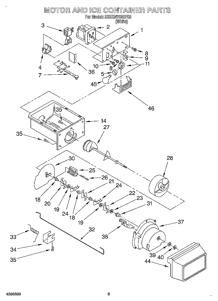 MOTOR AND ICE CONTAINER Diagram and Parts List for 3XKGN7050F03  Whirlpool Refrigerator