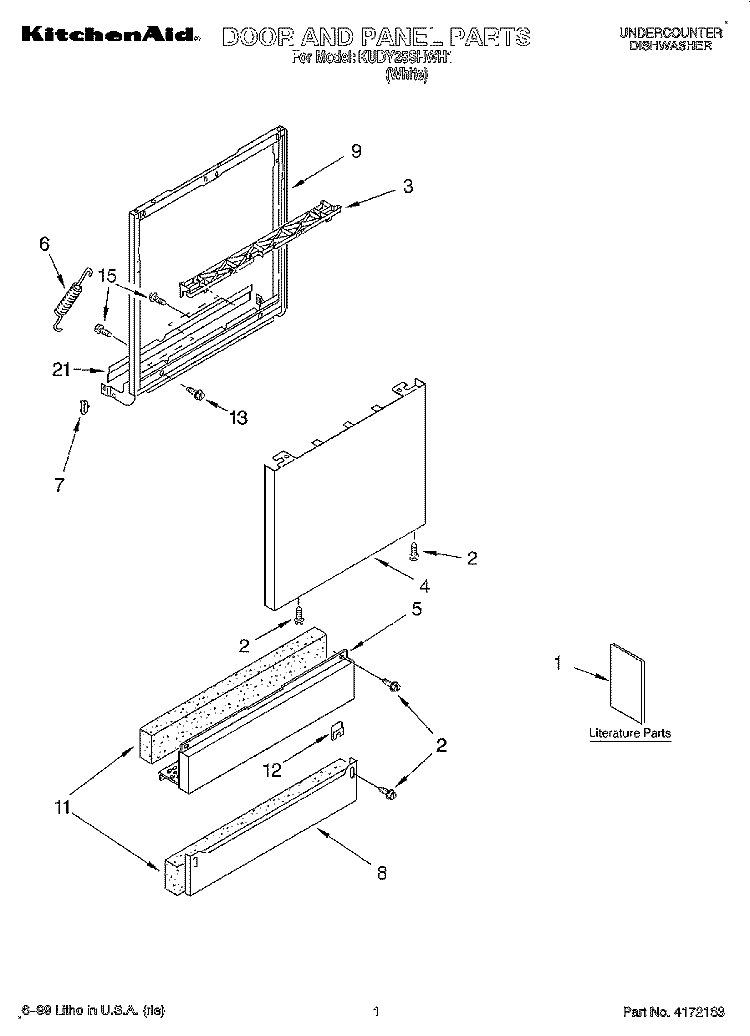 DOOR AND PANEL, LITERATURE Diagram and Parts List for KUDY25SHWH1  KitchenAid Dishwasher