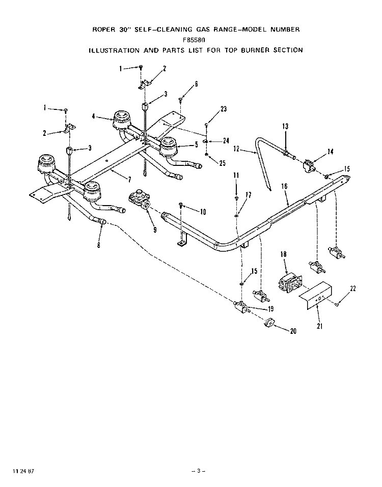 TOP BURNER Diagram and Parts List for F8558W0  Roper Range