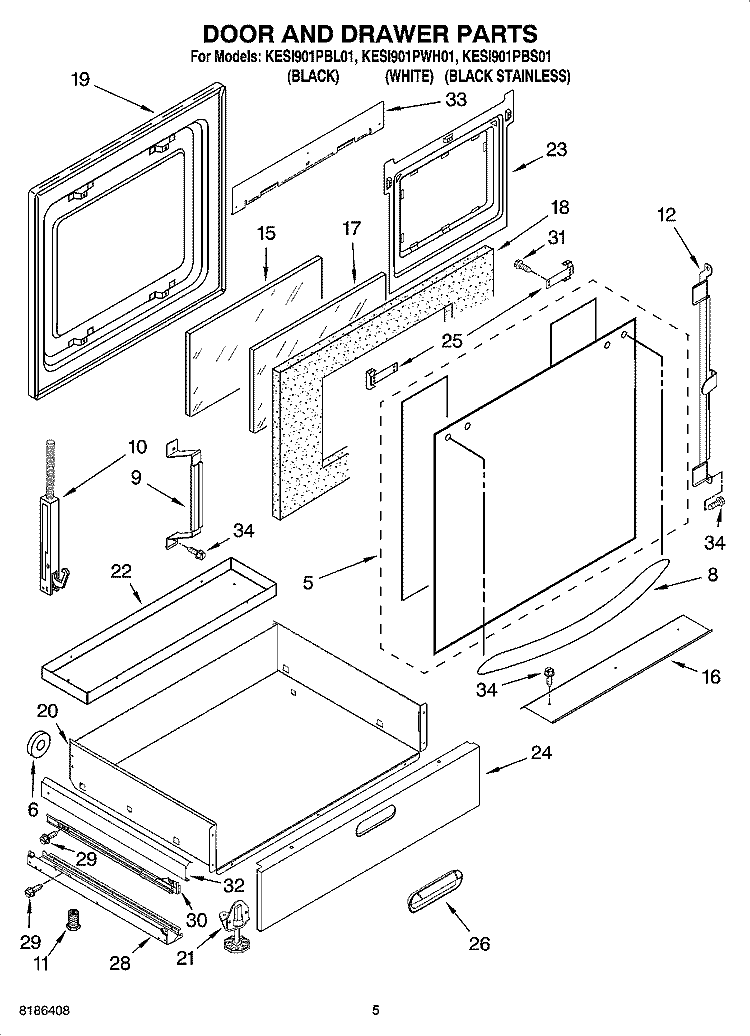DOOR AND DRAWER PARTS Diagram and Parts List for KESI901PBL01  KitchenAid Range