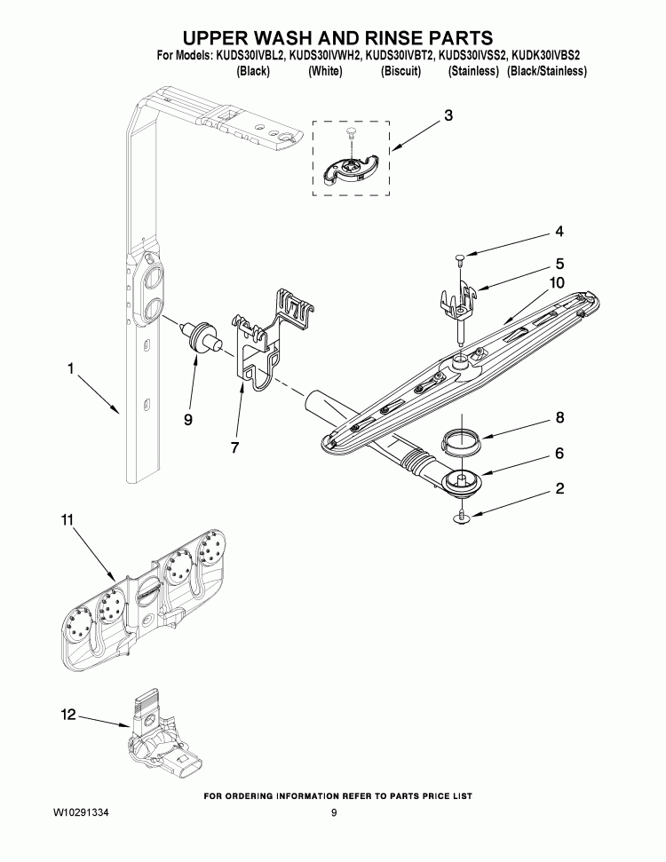 UPPER WASH AND RINSE PARTS Diagram and Parts List for KUDK30IVBS2  Whirlpool Dishwasher