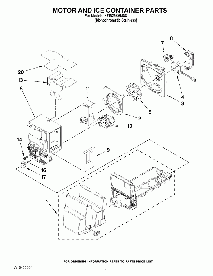 MOTOR AND ICE CONTAINER PARTS Diagram and Parts List for KFIS25XVMS8  KitchenAid Refrigerator
