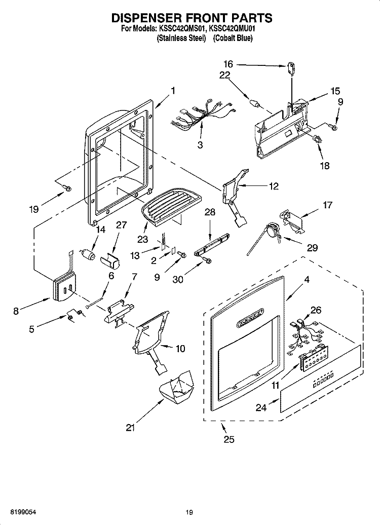 DISPENSER AND FRONT PARTS Diagram and Parts List for KSSC42QMS01  KitchenAid Refrigerator