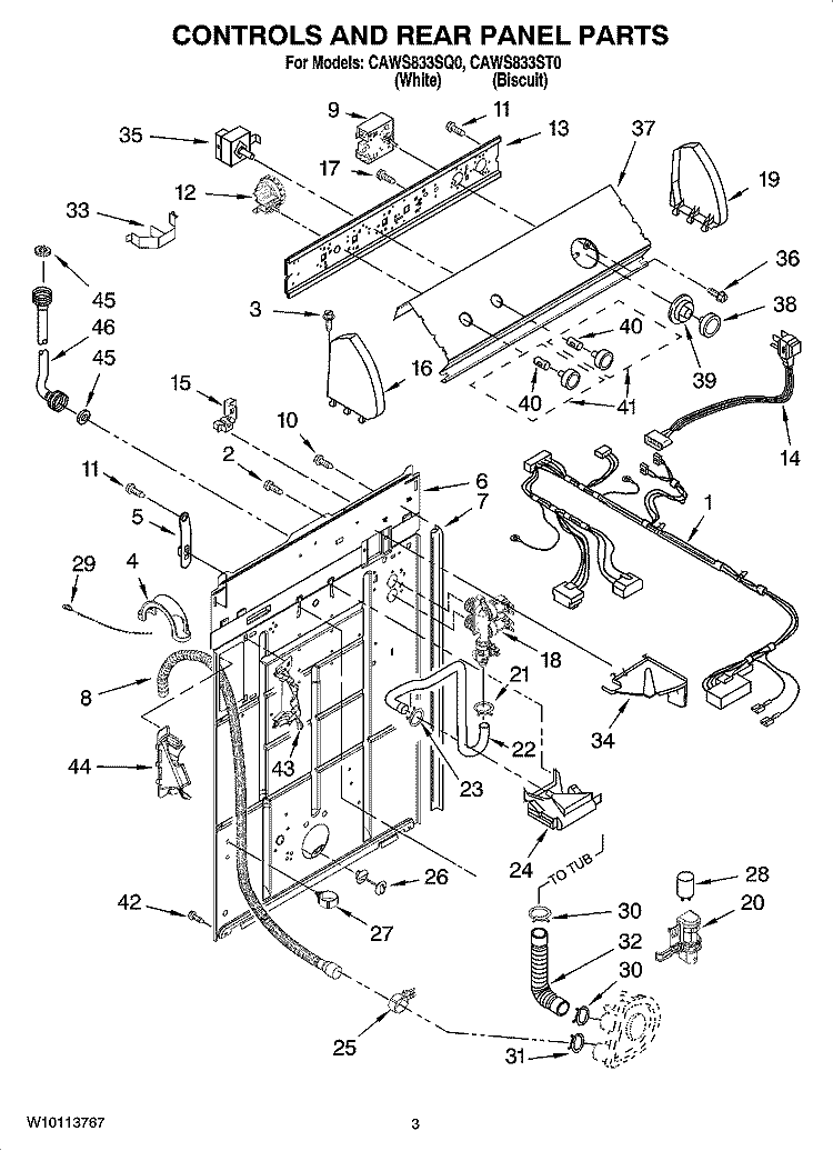 CONTROLS AND REAR PANEL PARTS Diagram and Parts List for CAWS833ST0  Crosley Washer