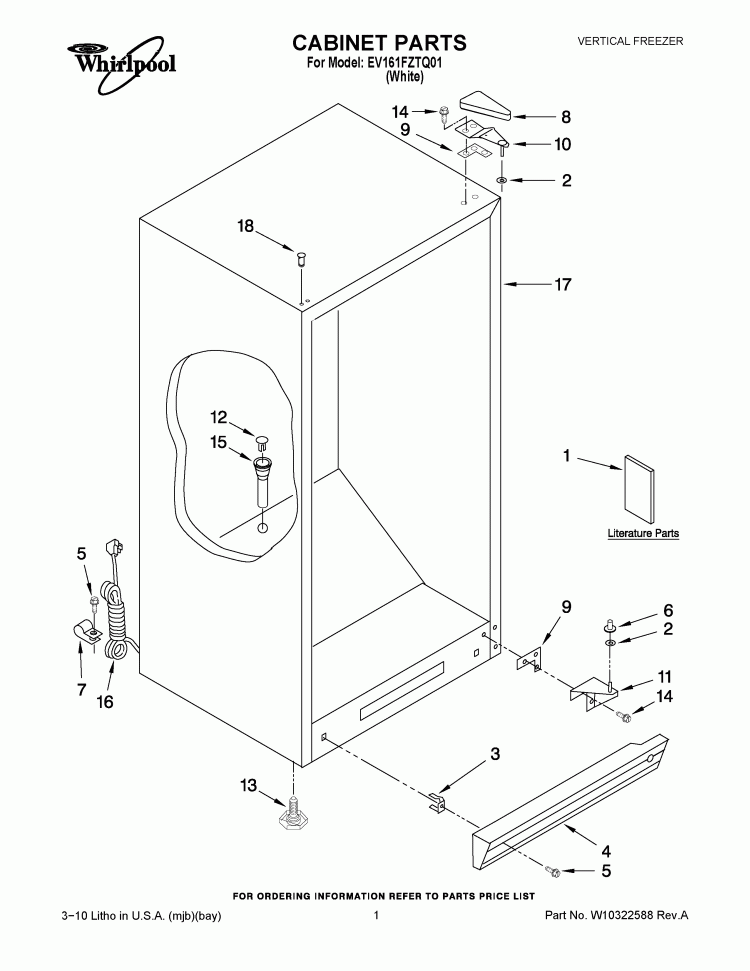 CABINET PARTS Diagram and Parts List for EV161FZTQ01  Whirlpool Freezer