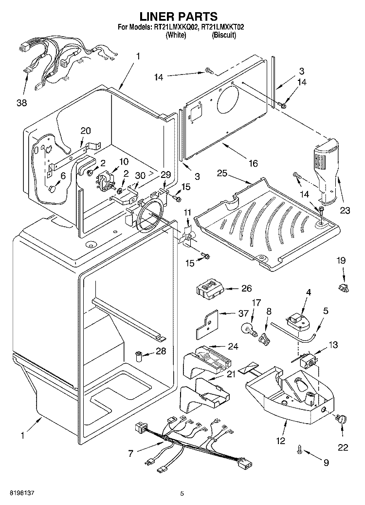 LINER Diagram and Parts List for RT21LMXKT02  Roper Refrigerator