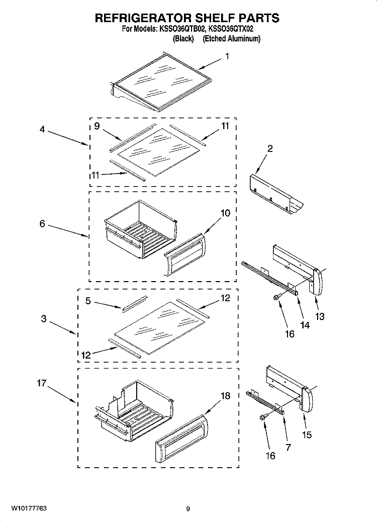 REFRIGERATOR SHELF PARTS Diagram and Parts List for KSSO36QTX02  KitchenAid Refrigerator